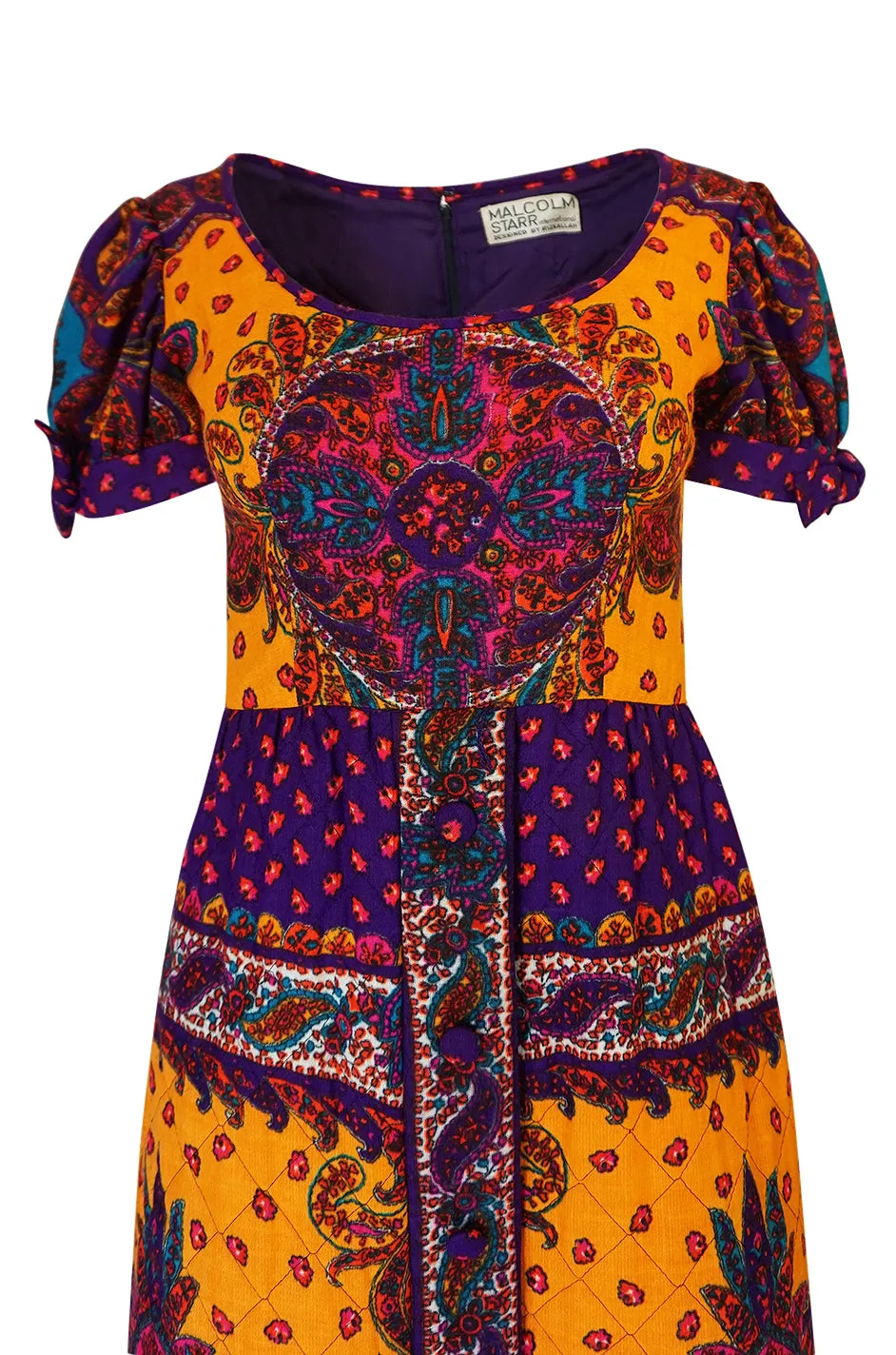 1970s Malcolm Starr Bold Print Dress with Quilted Skirt