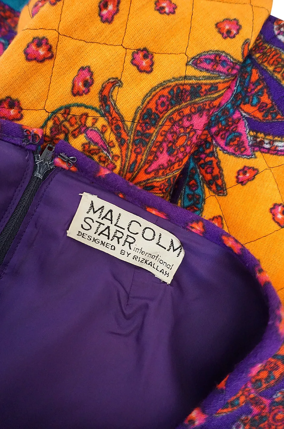 1970s Malcolm Starr Bold Print Dress with Quilted Skirt