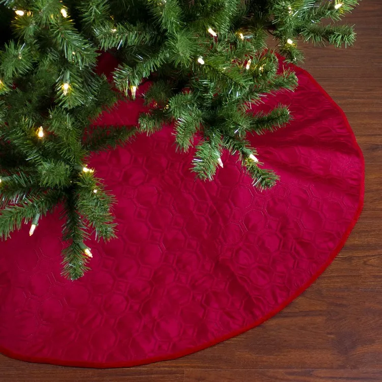 48" Red Quilted Christmas Hexagon Tree Skirt with Velvety Trim