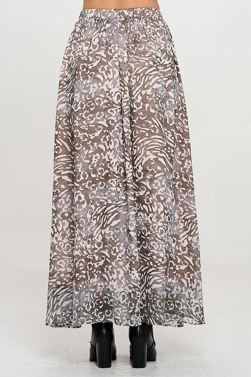 Abstract Print Sheer Maxi Skirt with Lining and Elastic Waist