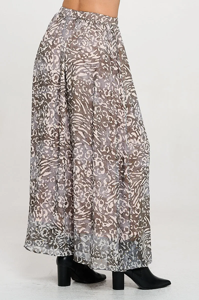 Abstract Print Sheer Maxi Skirt with Lining and Elastic Waist