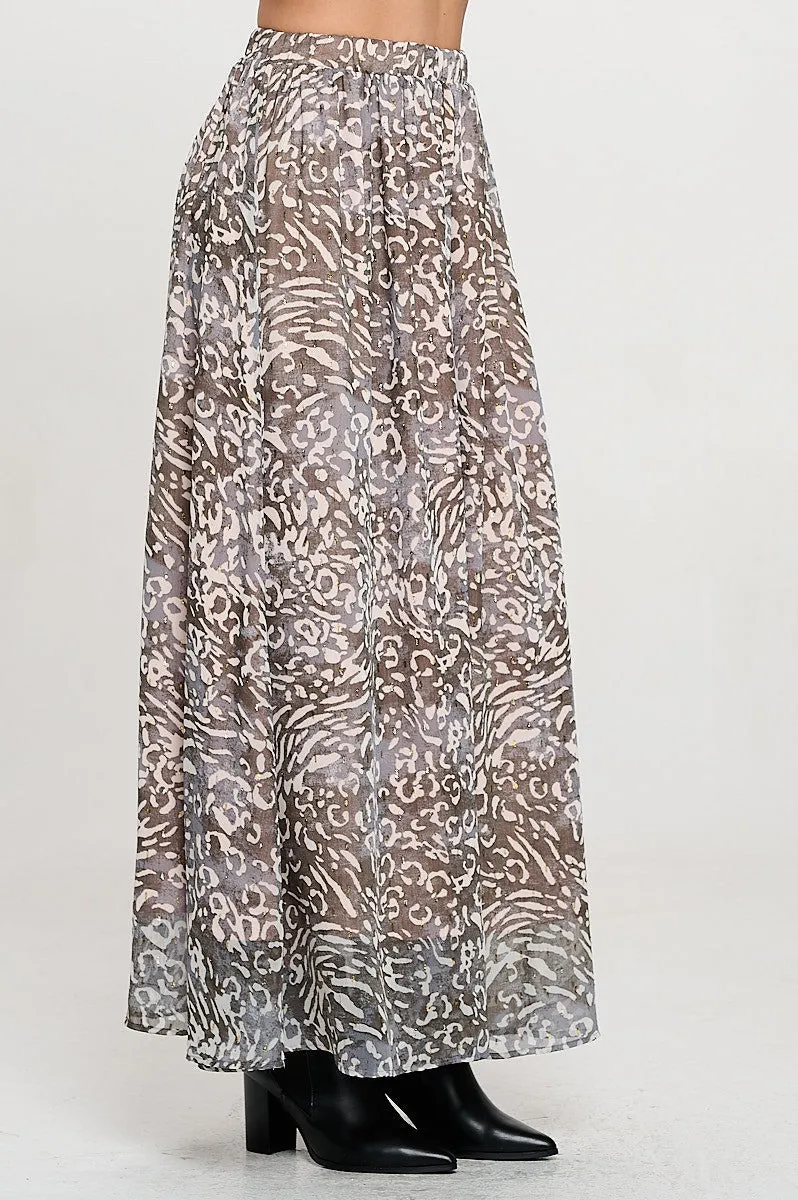 Abstract Print Sheer Maxi Skirt with Lining and Elastic Waist
