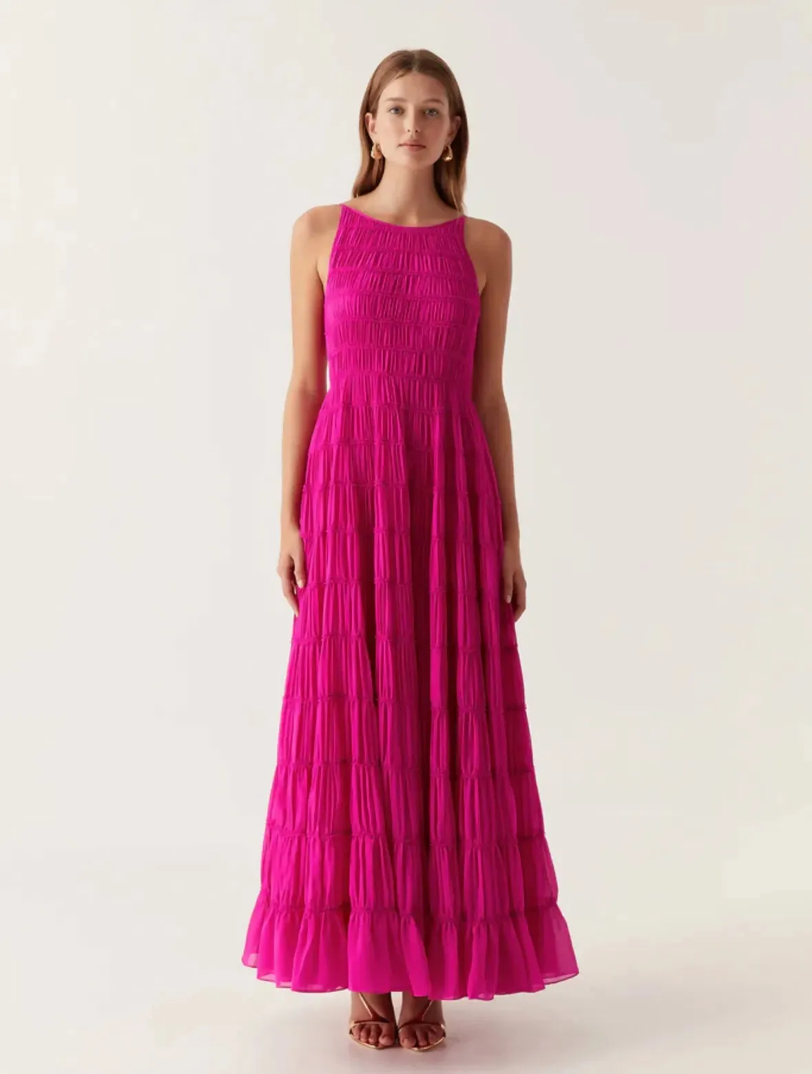 Aje Rosewood Ruched Maxi Dress Magenta Size AU 16