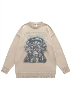 Alien zombie sweater creepy knit distressed jumper in beige
