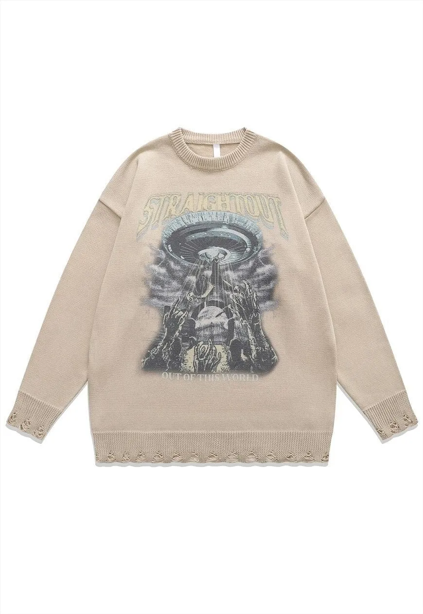 Alien zombie sweater creepy knit distressed jumper in grey