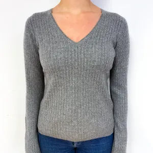 Ash Grey Cable Cashmere V-Neck Jumper Small