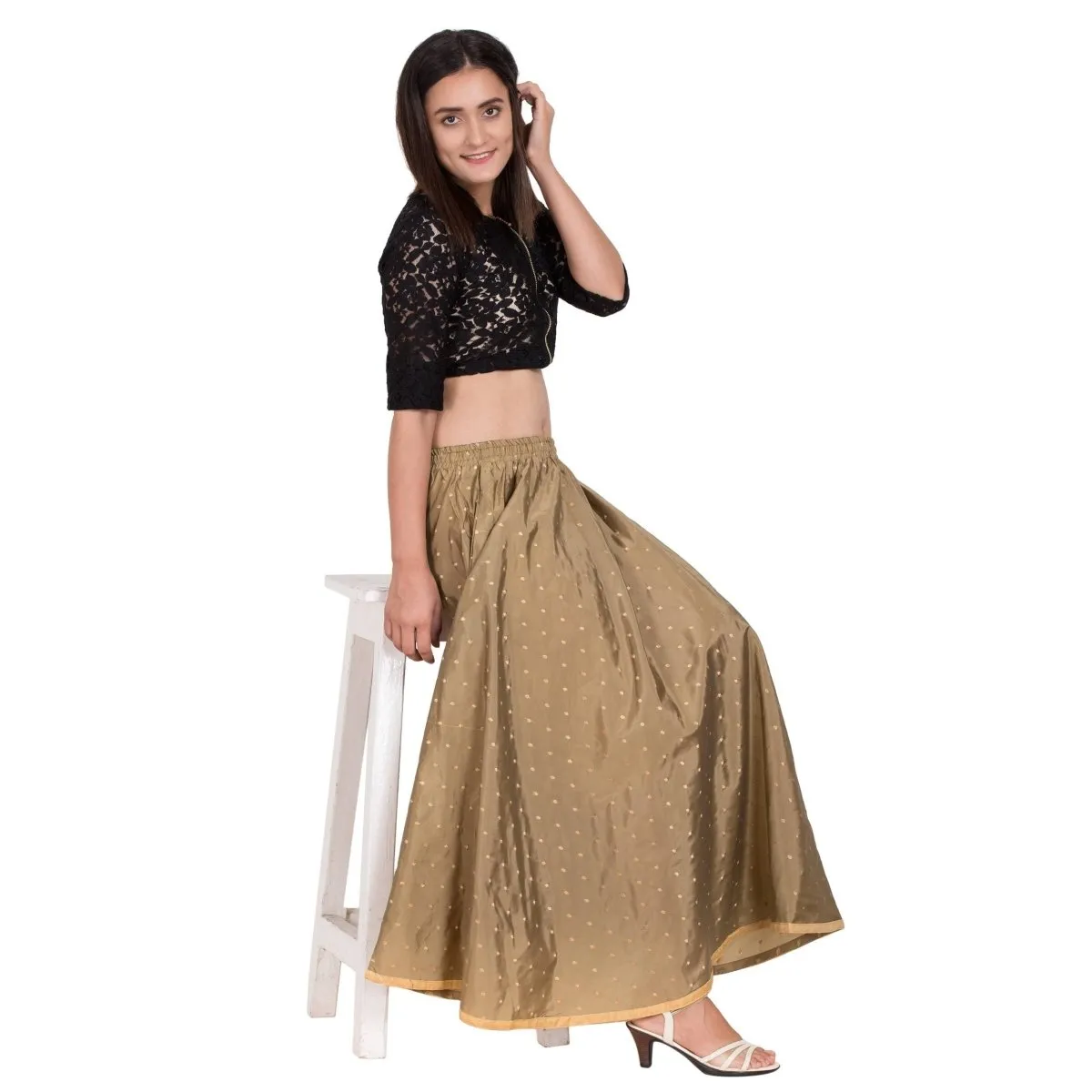 Asmaani Olive Green Color Golden Zari Work Maxi Skirt