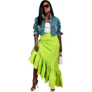 Asymmetrical Long Ruffle Hem Zipper Maxi Skirt