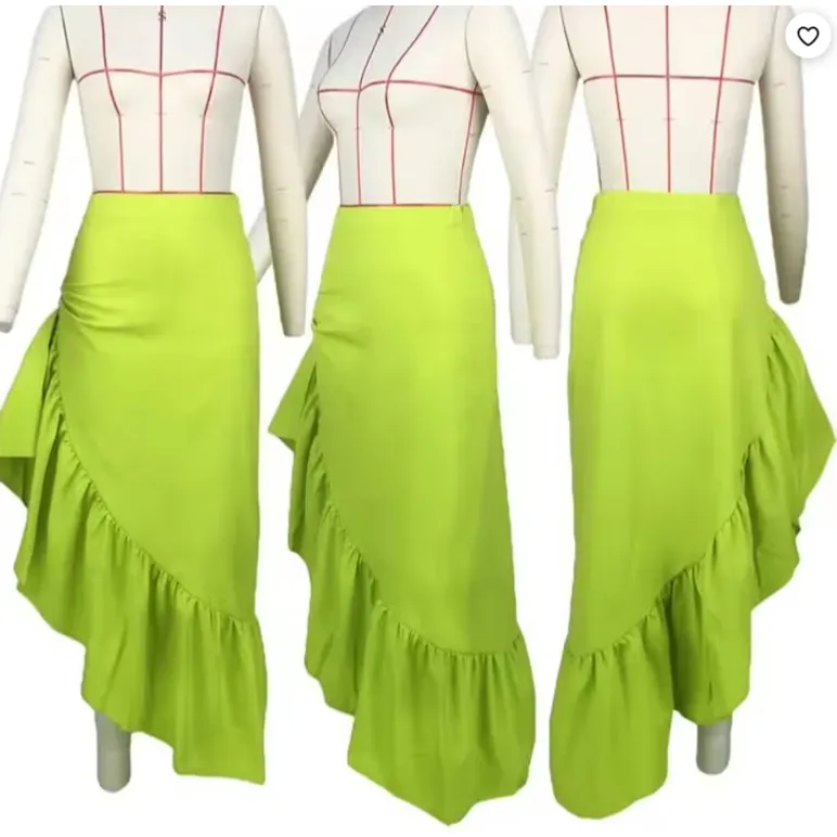Asymmetrical Long Ruffle Hem Zipper Maxi Skirt