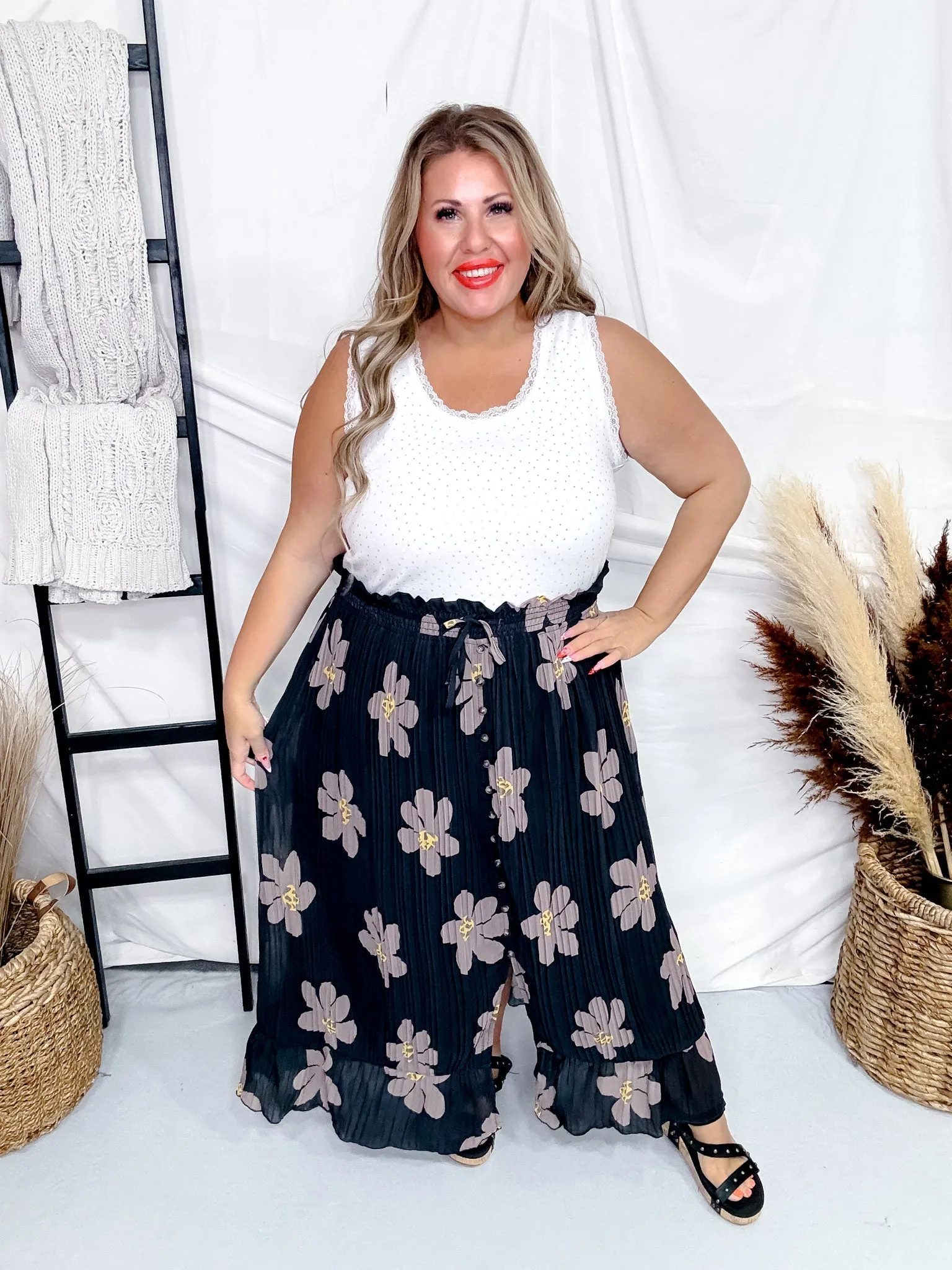 Black and Brown Floral Button Front Maxi Skirt