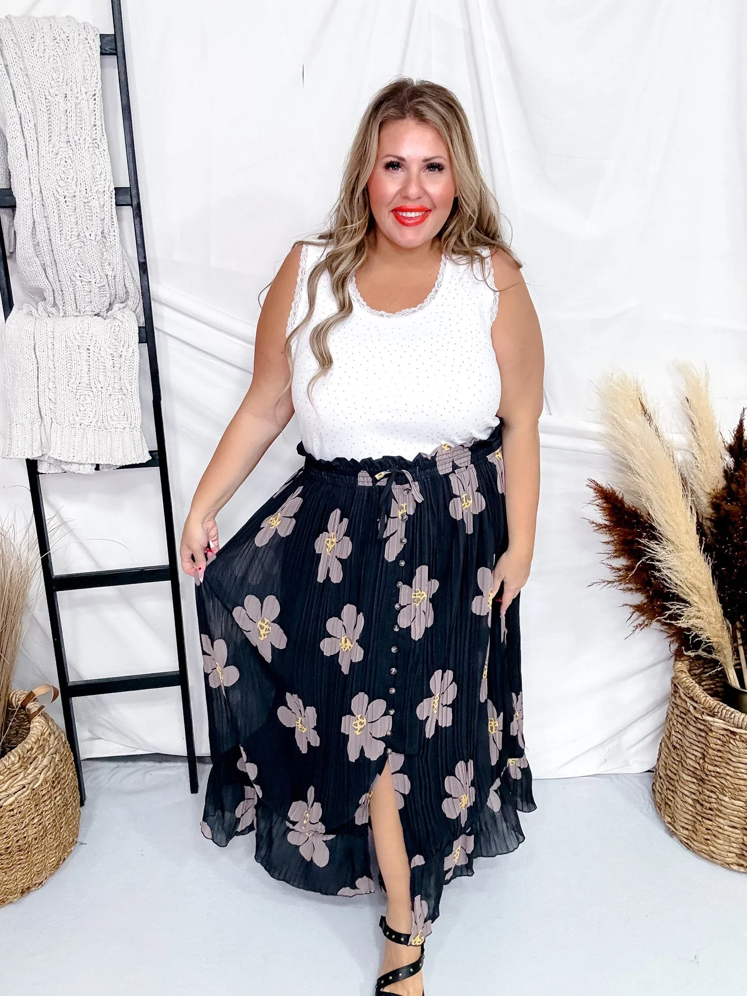 Black and Brown Floral Button Front Maxi Skirt