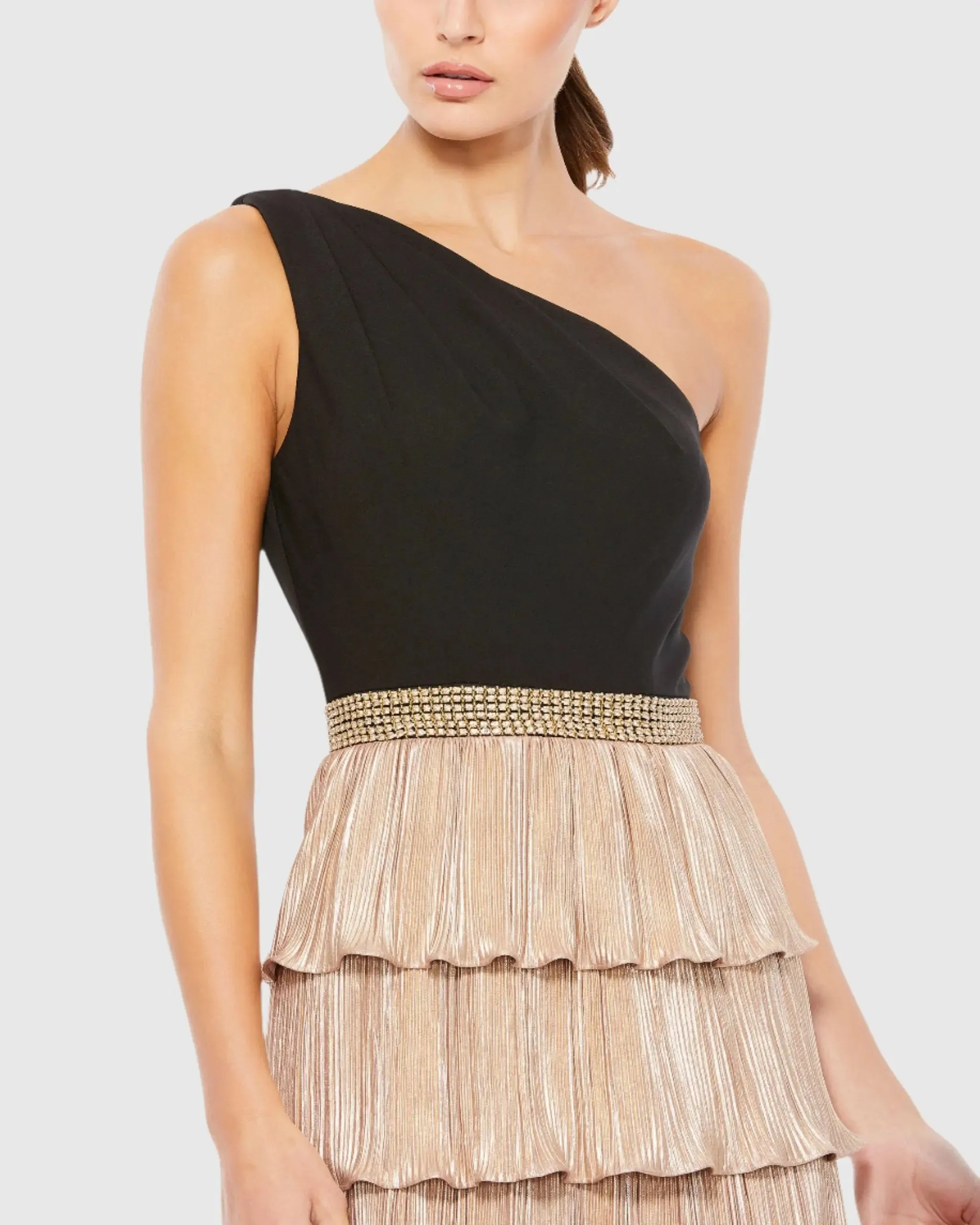 Black and Gold One Shoulder Ruffle Tiered Gown