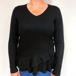 Black Frill Hem Cashmere V-Neck Jumper Large