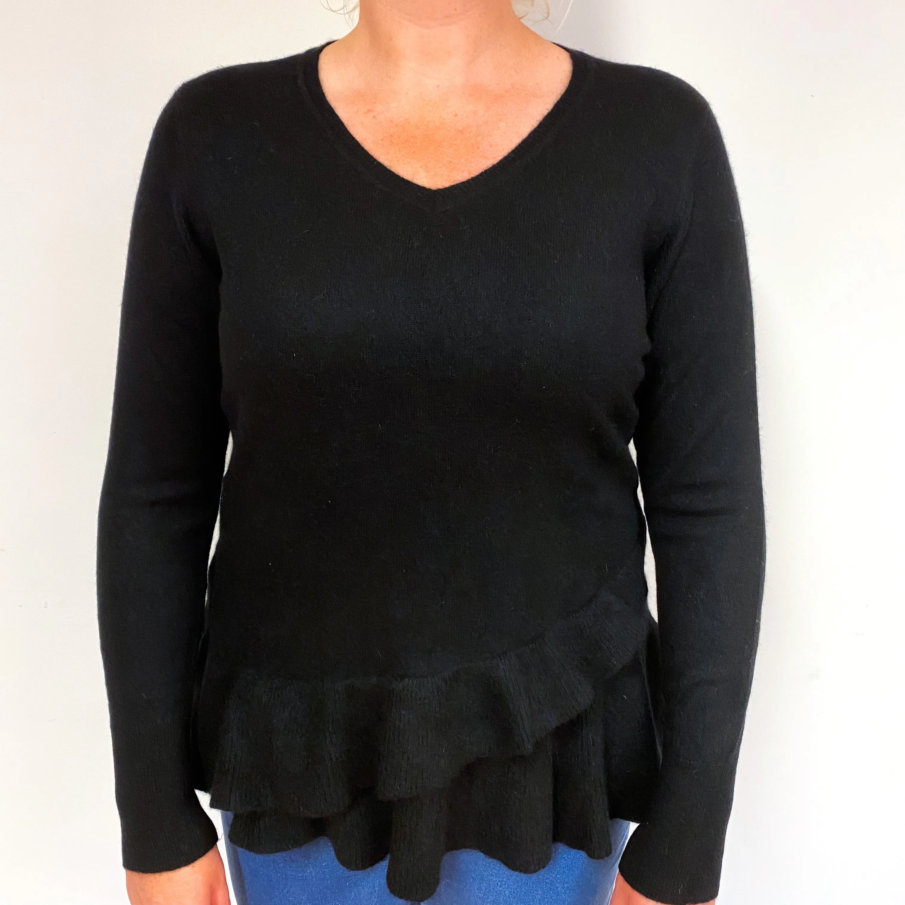 Black Frill Hem Cashmere V-Neck Jumper Large