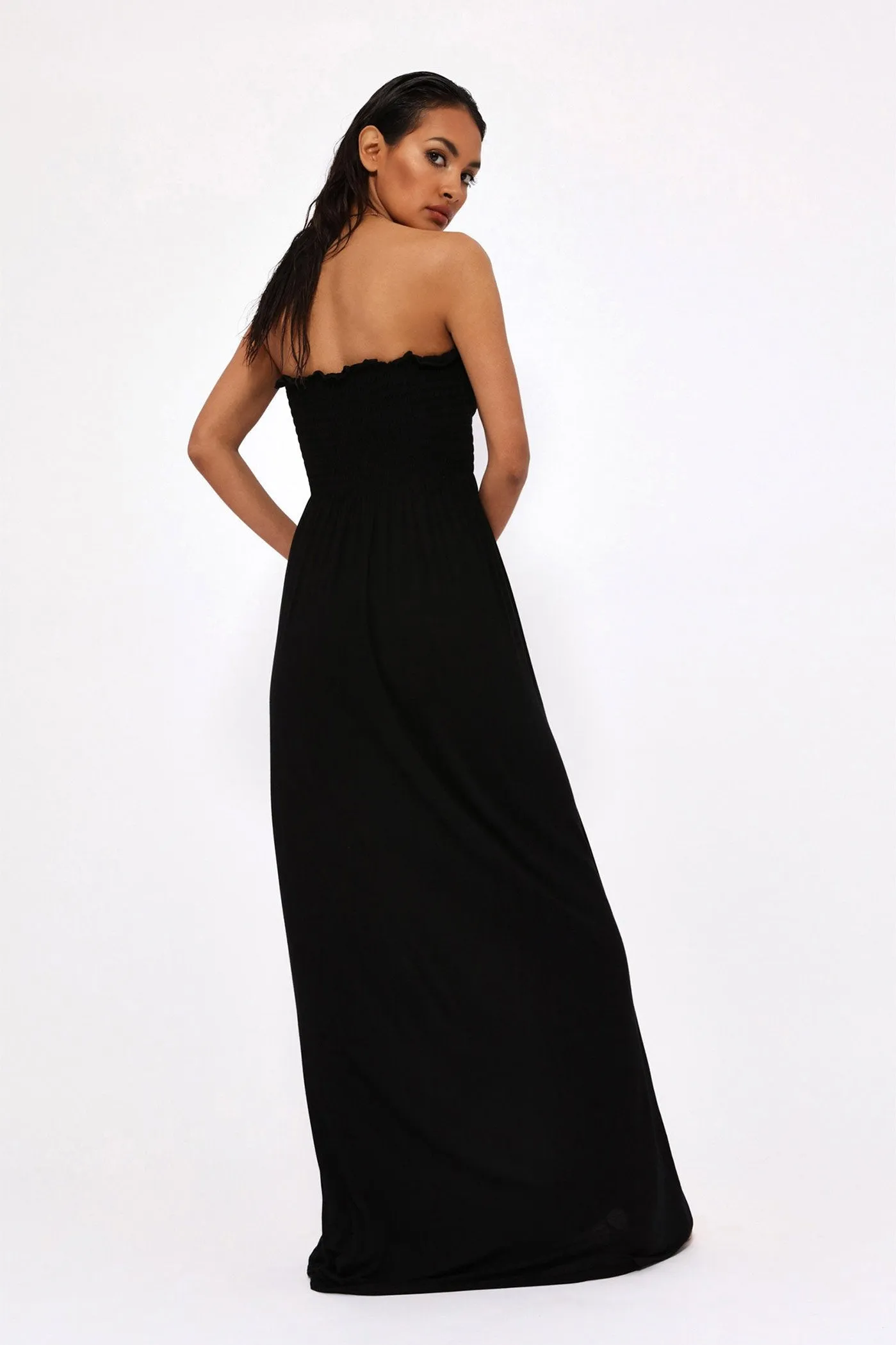 Black Shirring Bandeau Maxi Dress