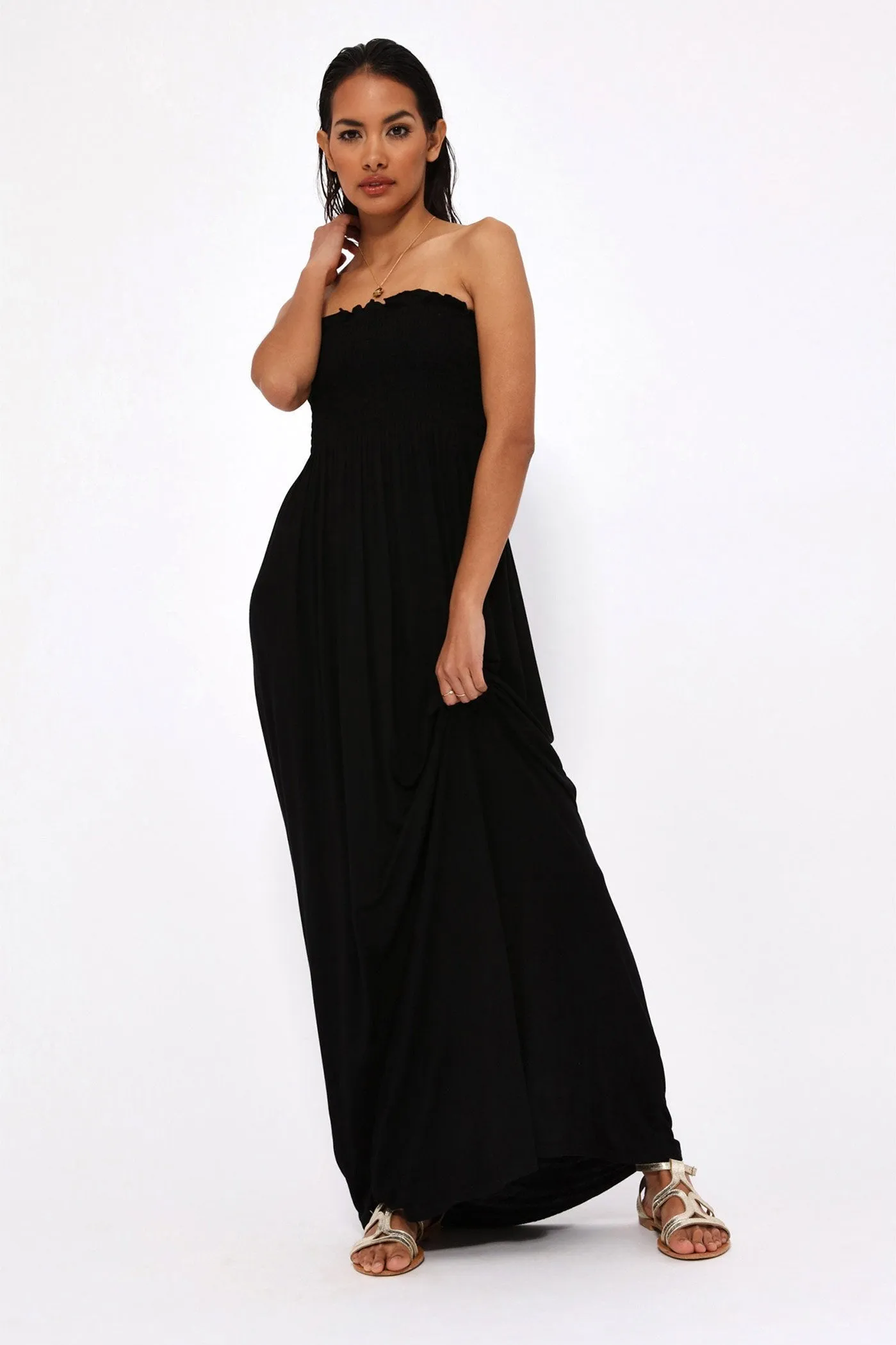 Black Shirring Bandeau Maxi Dress