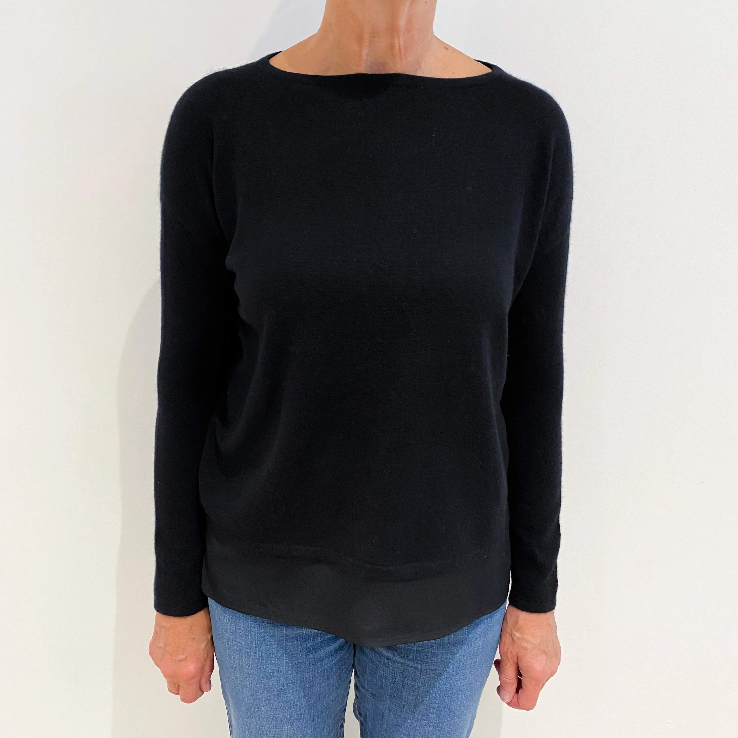 Black Silk Trim Cashmere Boat Neck Jumper Medium