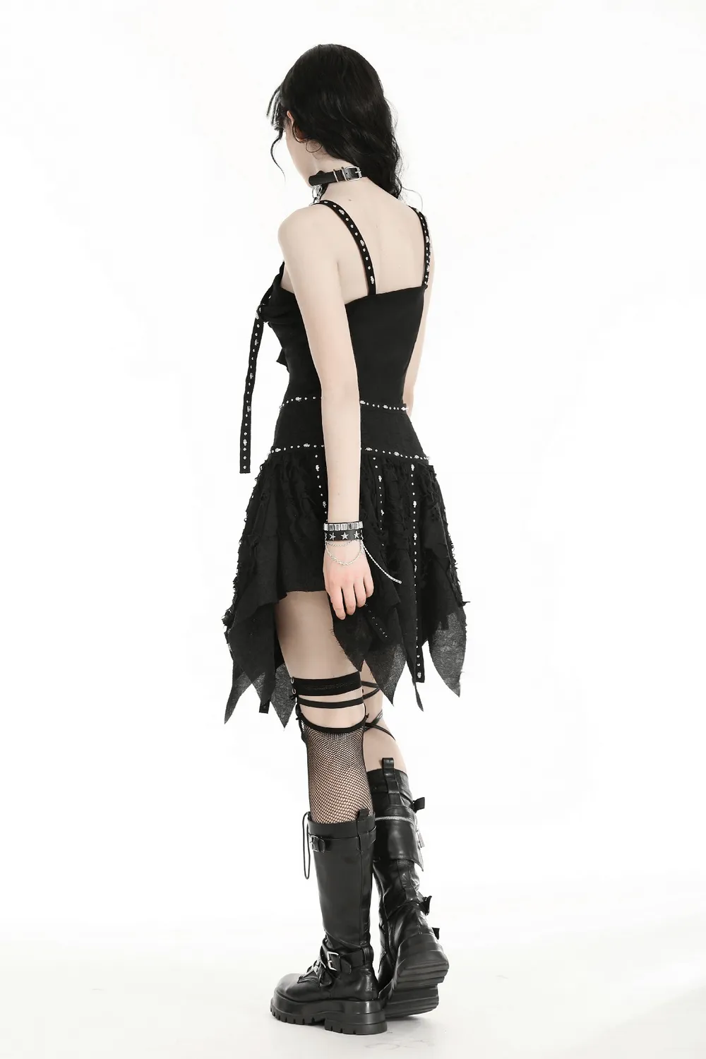 Black Studded Layered Asymmetrical Gothic Skirt
