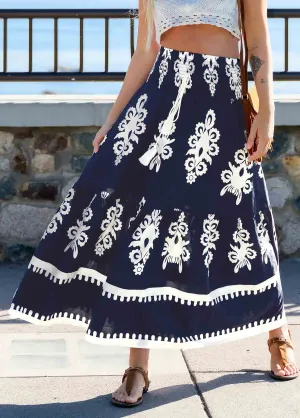 Boho Ornate Front-Tie Maxi Skirt For Vacation