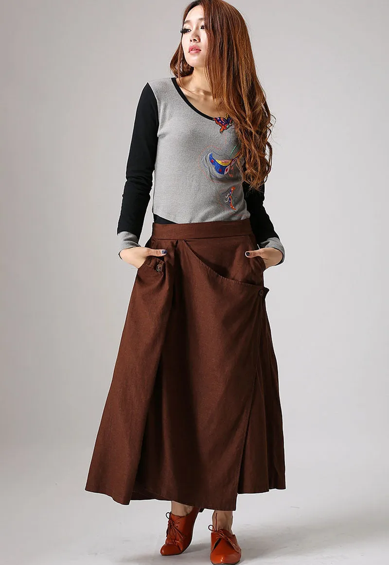 Brown linen skirt woman maxi skirt custom made long skirt (858)