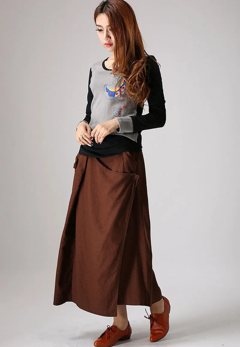 Brown linen skirt woman maxi skirt custom made long skirt (858)