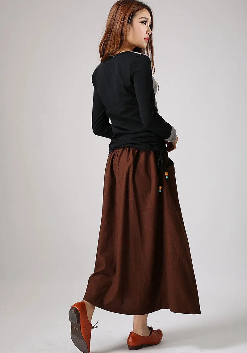 Brown linen skirt woman maxi skirt custom made long skirt (858)