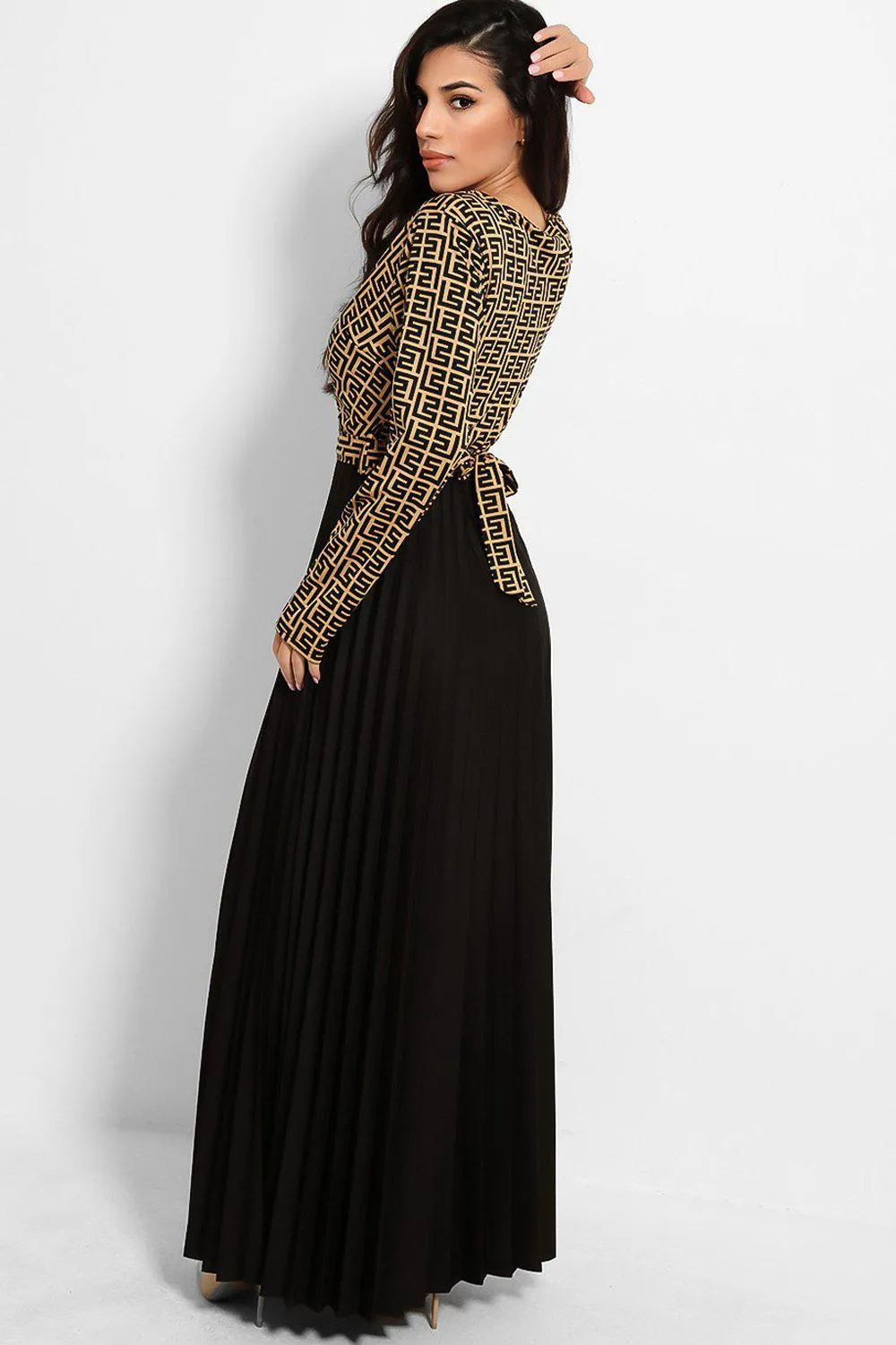 CAMEL GREEK KEY PATTERN PLEATED SKIRT MAXI DRESS