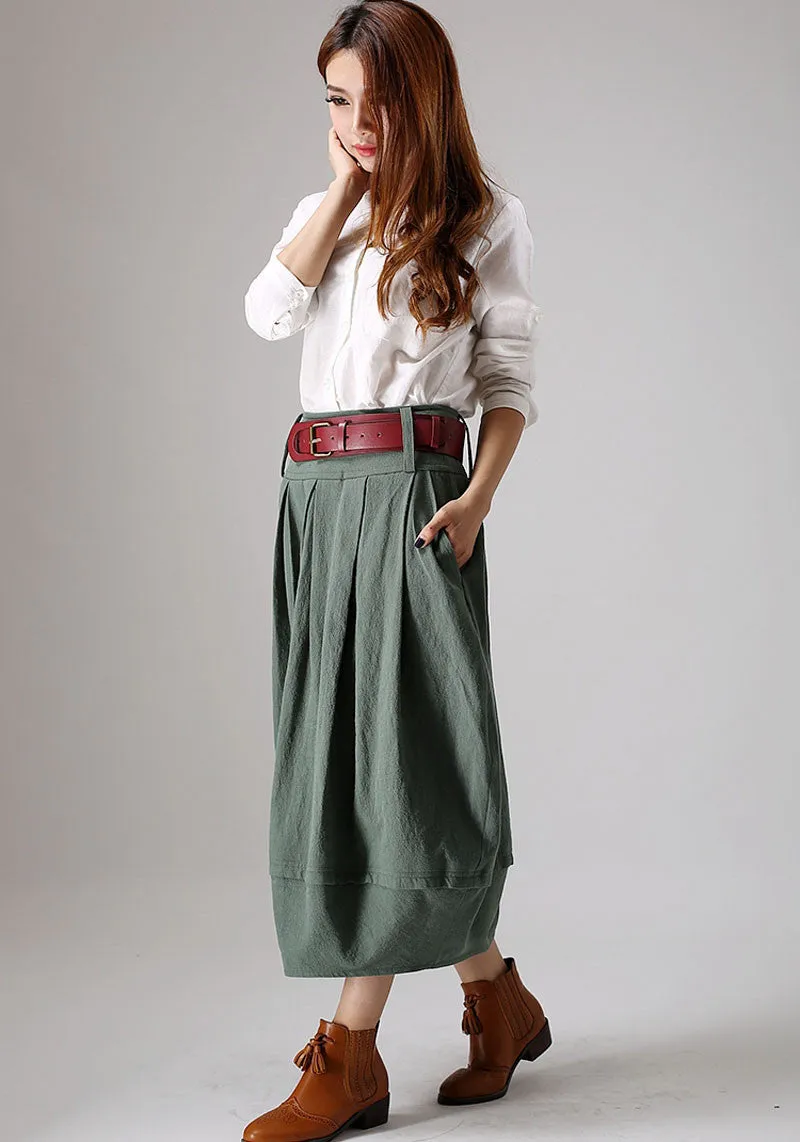 Casual linen bubble skirt in Green  0870#