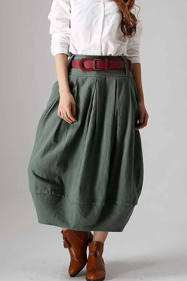 Casual linen bubble skirt in Green  0870#