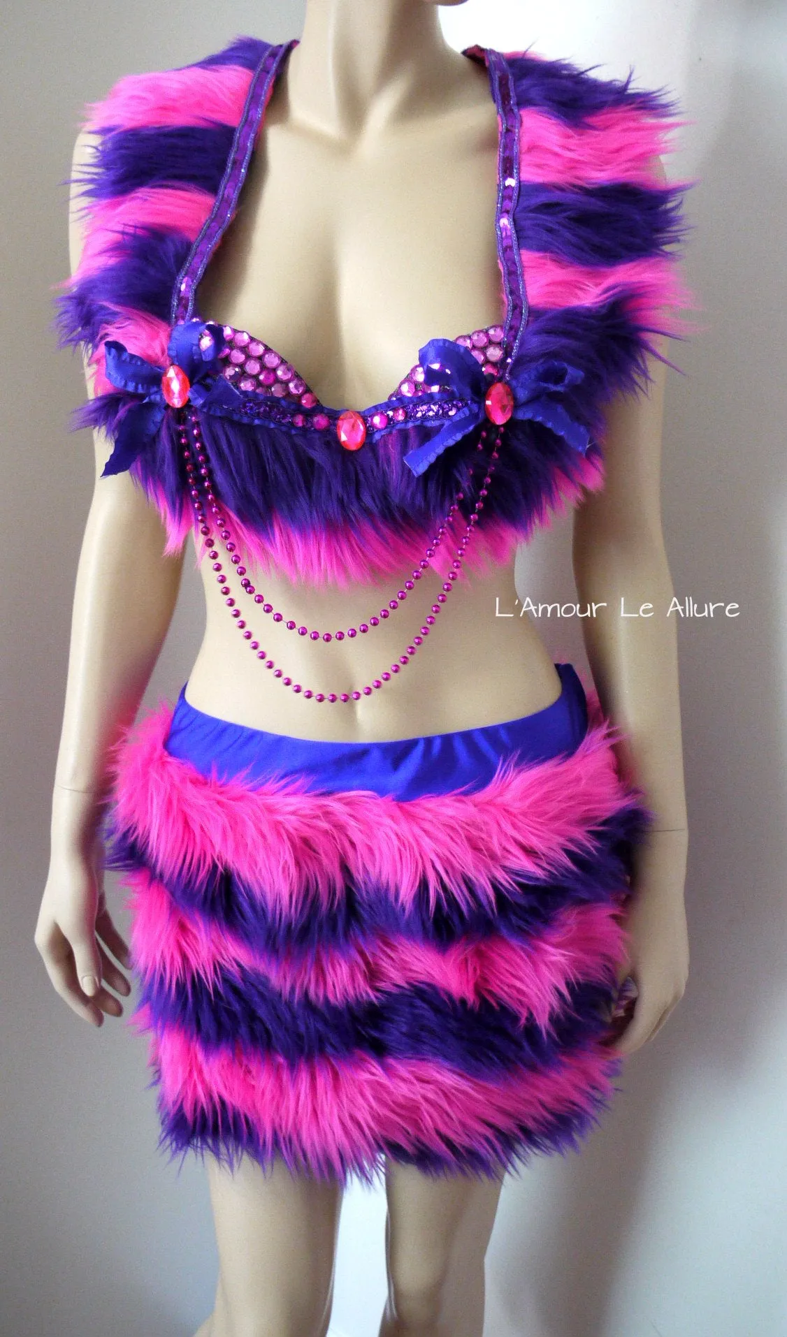 Cheshire Cat Inspired Fur Rave Bra and Skirt with Pink and Purple Stripes
