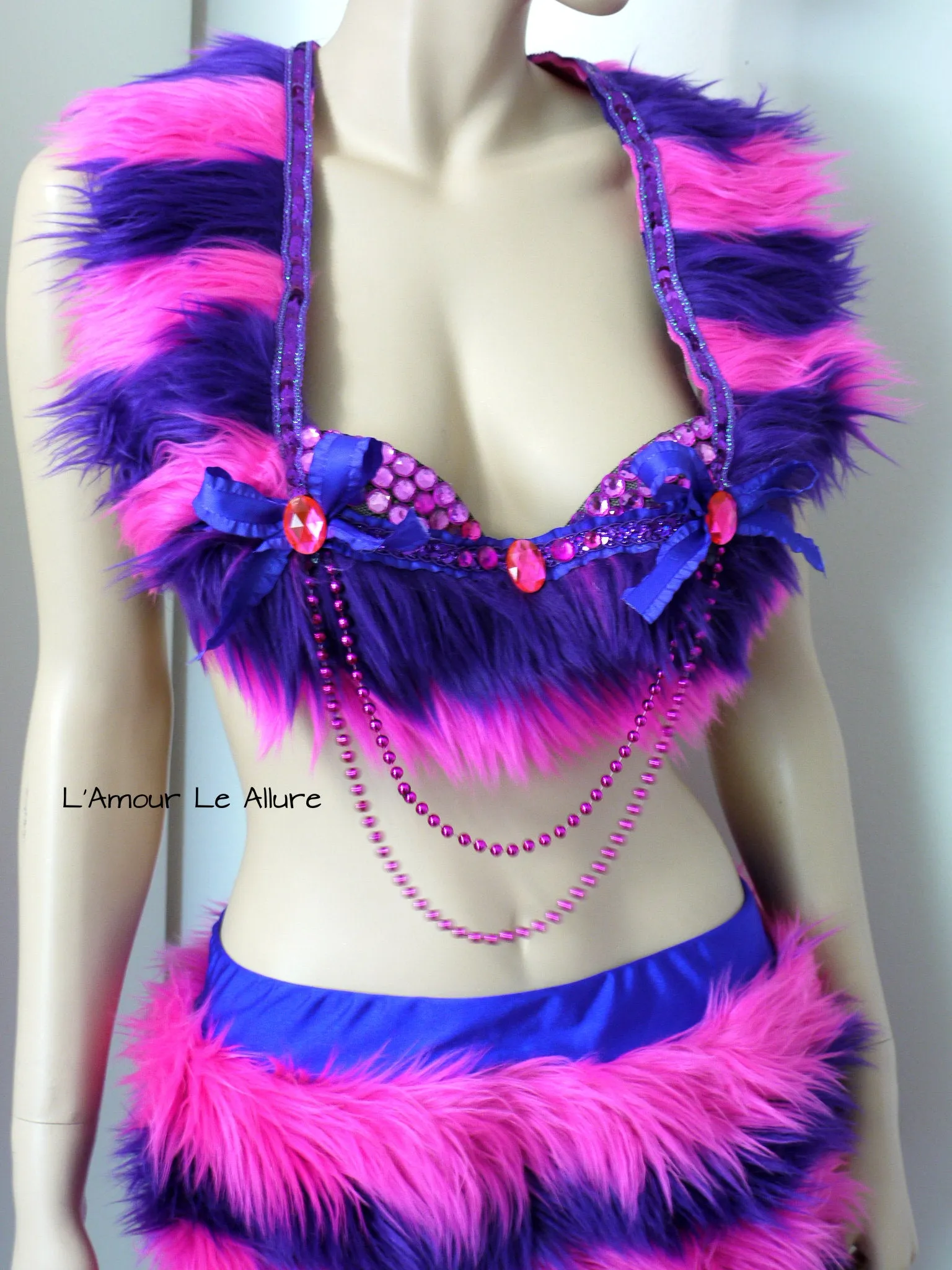 Cheshire Cat Inspired Fur Rave Bra and Skirt with Pink and Purple Stripes