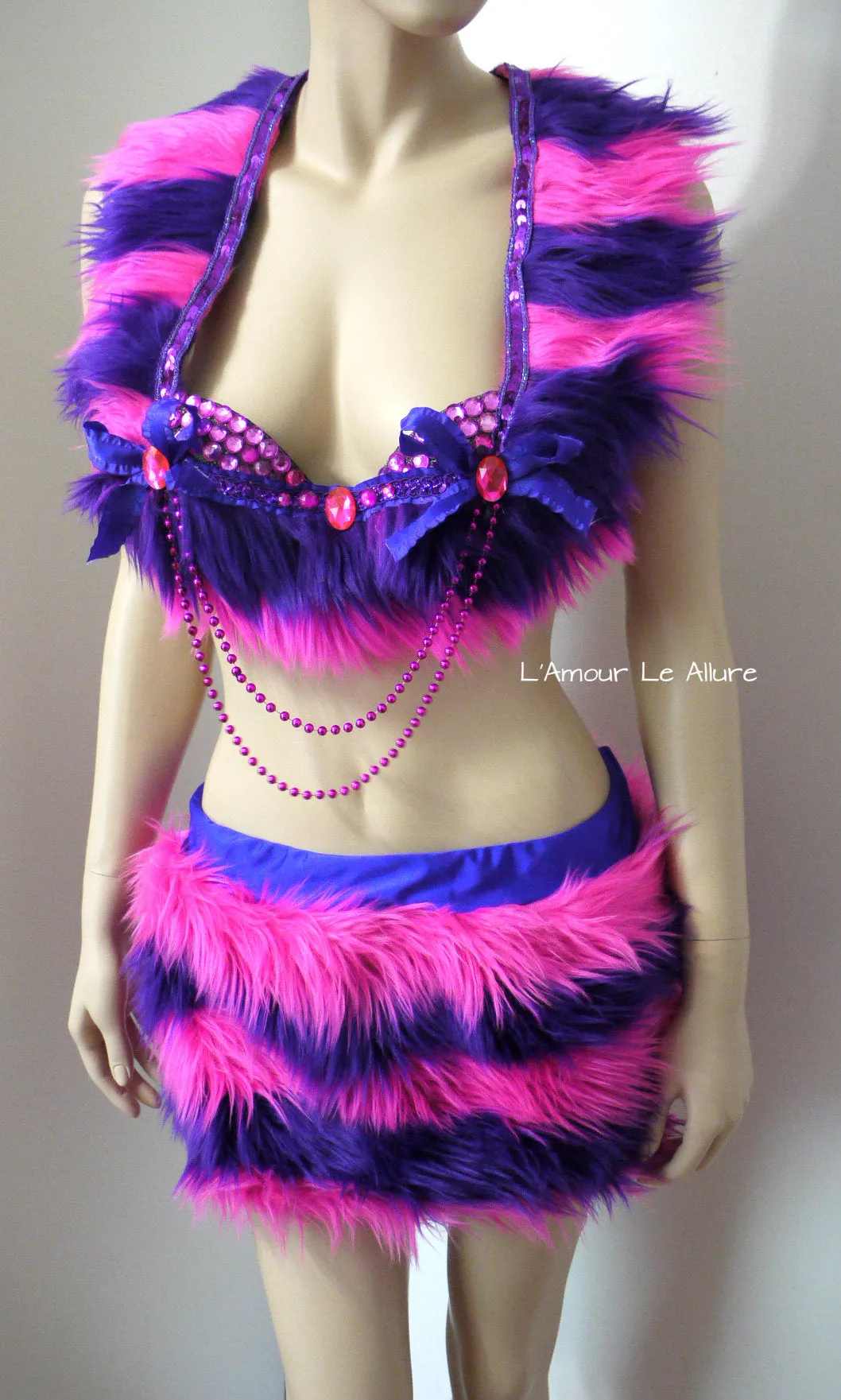 Cheshire Cat Inspired Fur Rave Bra and Skirt with Pink and Purple Stripes