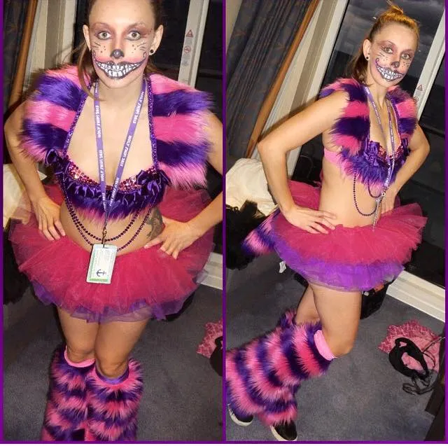 Cheshire Cat Inspired Fur Rave Bra and Skirt with Pink and Purple Stripes