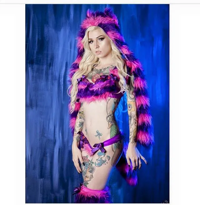 Cheshire Cat Inspired Fur Rave Bra and Skirt with Pink and Purple Stripes
