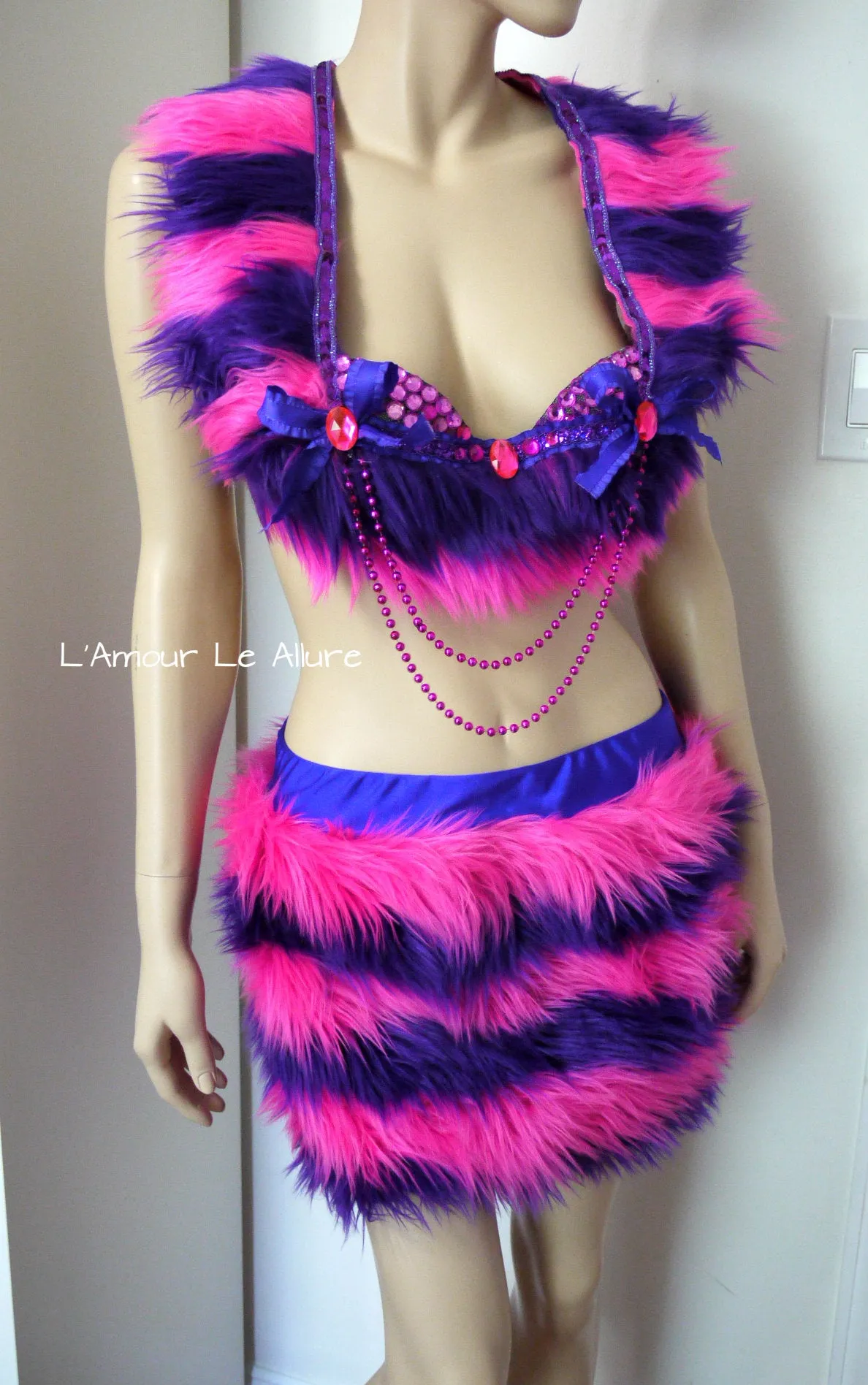 Cheshire Cat Inspired Fur Rave Bra and Skirt with Pink and Purple Stripes