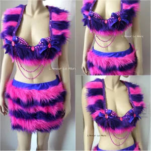 Cheshire Cat Inspired Fur Rave Bra and Skirt with Pink and Purple Stripes