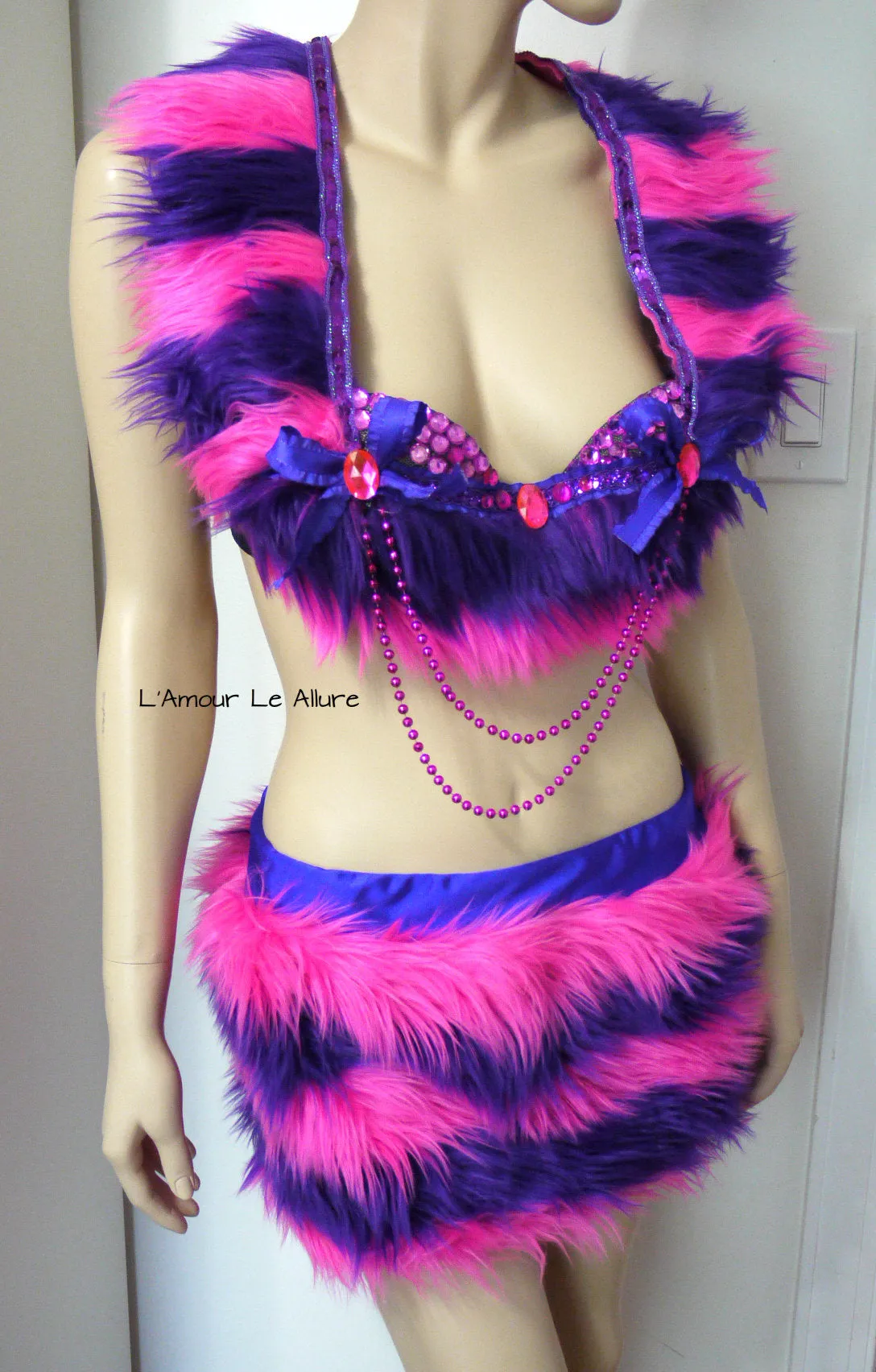 Cheshire Cat Inspired Fur Rave Bra and Skirt with Pink and Purple Stripes