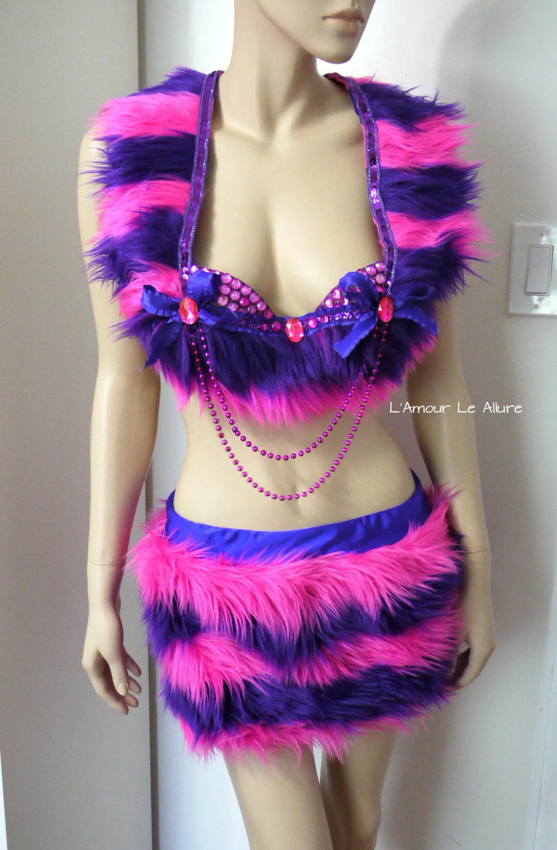 Cheshire Cat Inspired Fur Rave Bra and Skirt with Pink and Purple Stripes