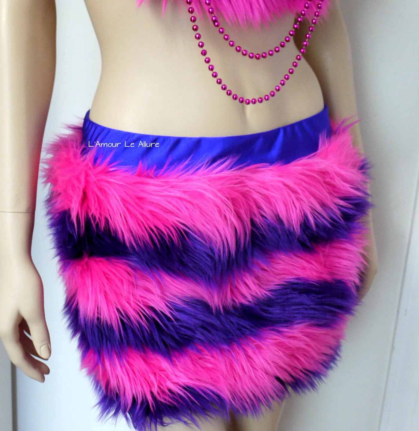 Cheshire Cat Inspired Fur Rave Bra and Skirt with Pink and Purple Stripes