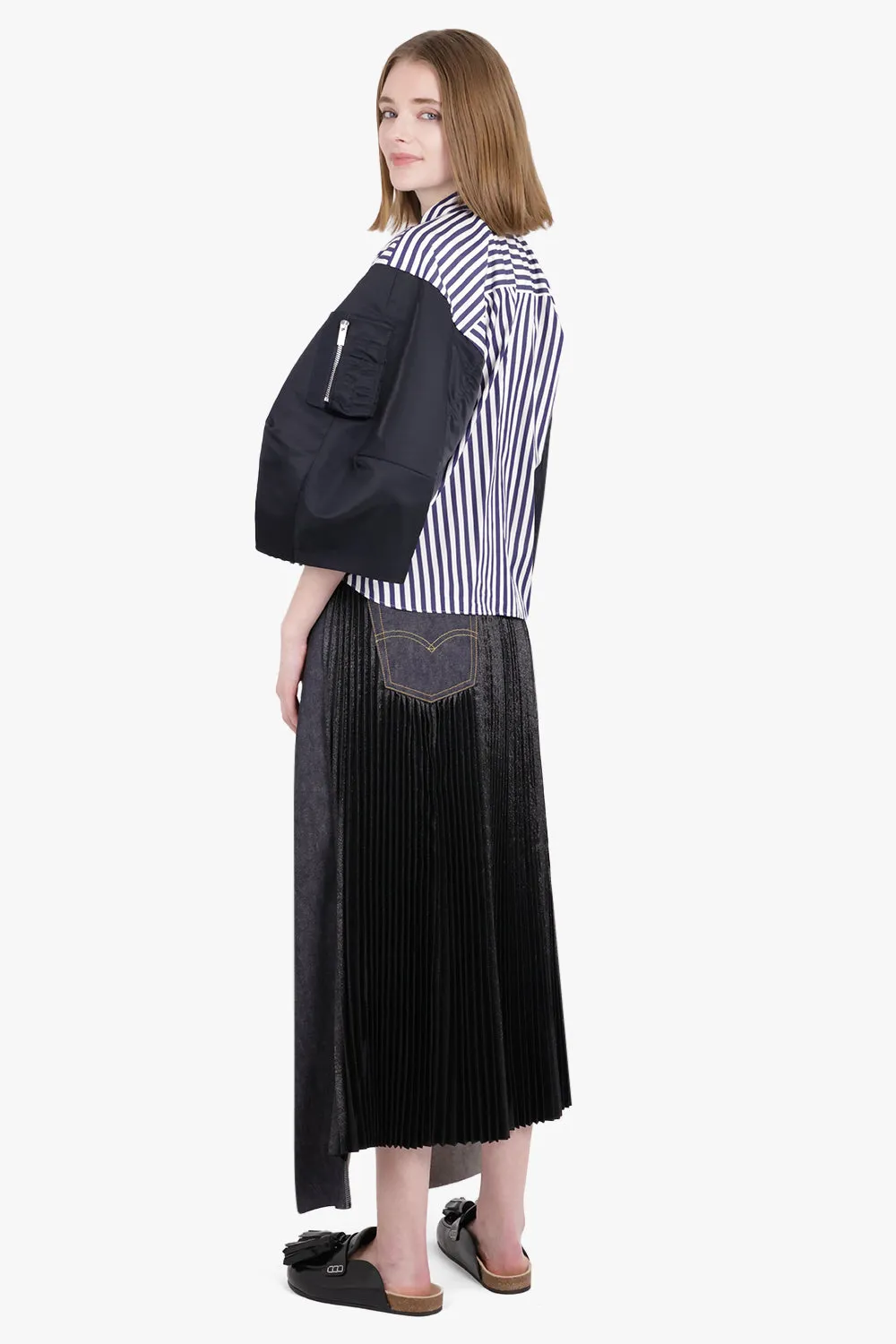 Contrast Levi Denim x Pleat Layered Split Midi Skirt | Black