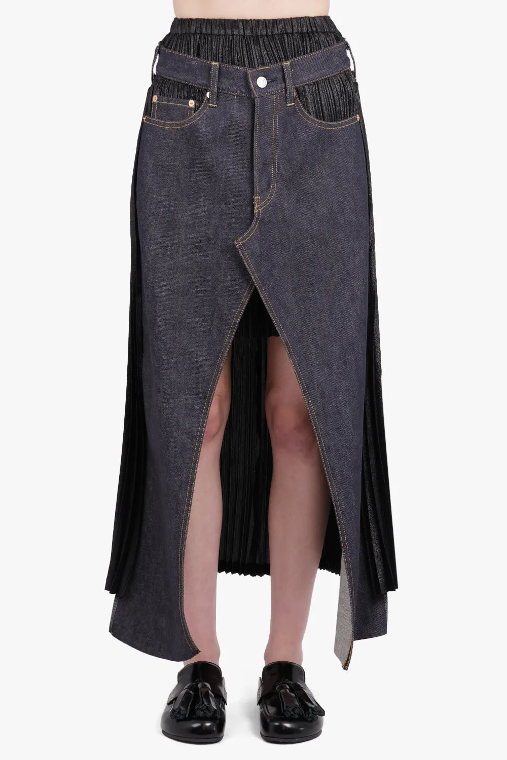Contrast Levi Denim x Pleat Layered Split Midi Skirt | Black