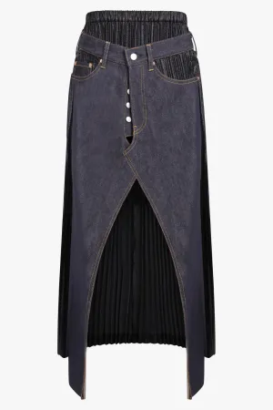 Contrast Levi Denim x Pleat Layered Split Midi Skirt | Black