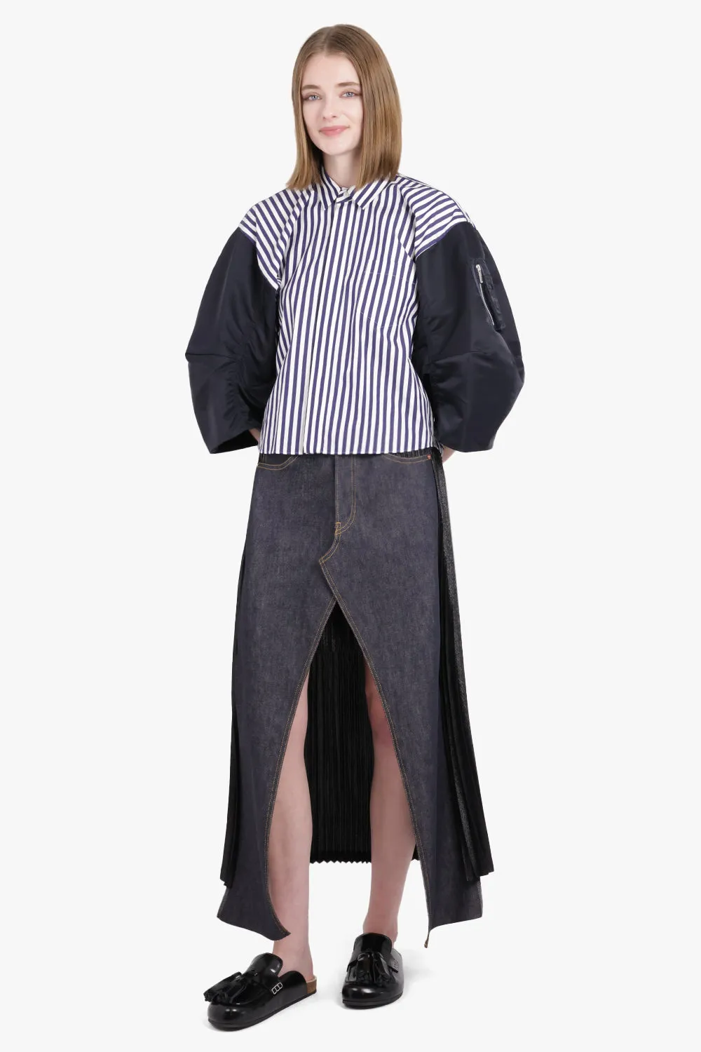 Contrast Levi Denim x Pleat Layered Split Midi Skirt | Black