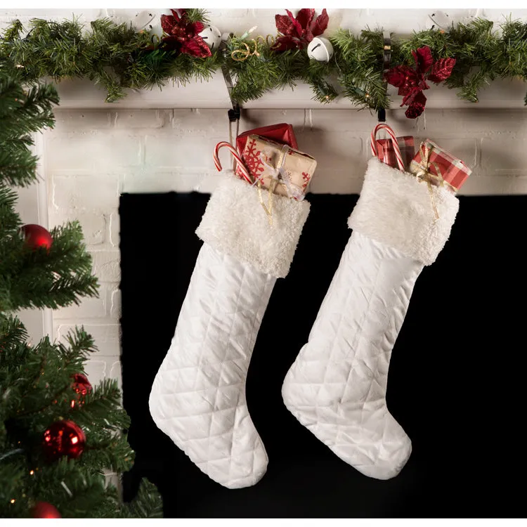 Cream Diamond Quilted Holiday Stocking with Fur Cuffs Set of 2