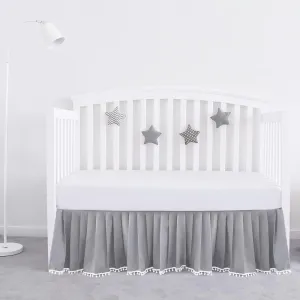 Crib Skirt - Dust Ruffle with Lovely Pompoms, 14" Drop, Grey (for Standard Crib/ Toddler Bed)