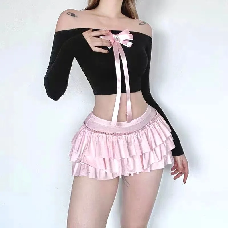 Cute Pastel Pink Layered Ruffle Mini Skirt with Bow on the Back