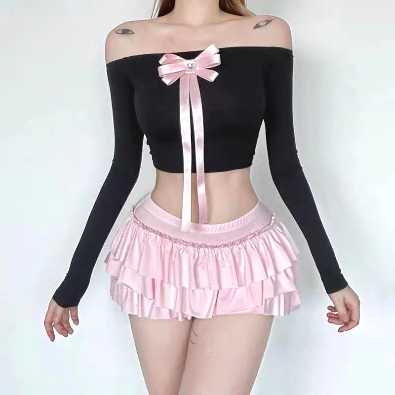 Cute Pastel Pink Layered Ruffle Mini Skirt with Bow on the Back