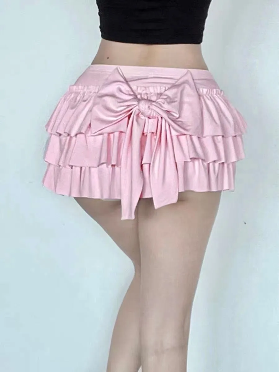 Cute Pastel Pink Layered Ruffle Mini Skirt with Bow on the Back