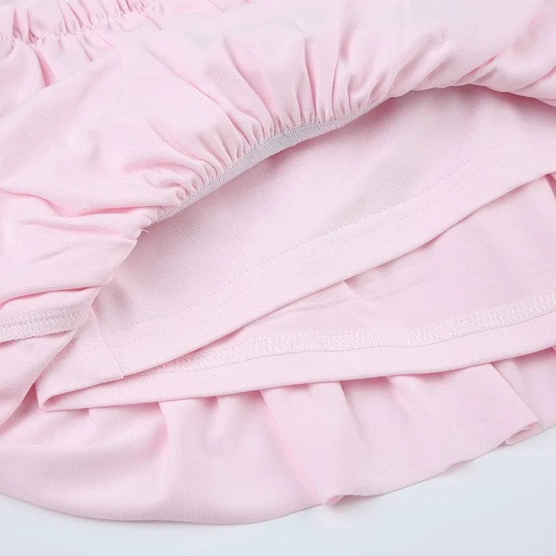 Cute Pastel Pink Layered Ruffle Mini Skirt with Bow on the Back