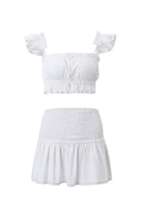 Cute Ruffled Button Up Bra Top Ruched Drop Waist Skirt Two Piece Mini Dress